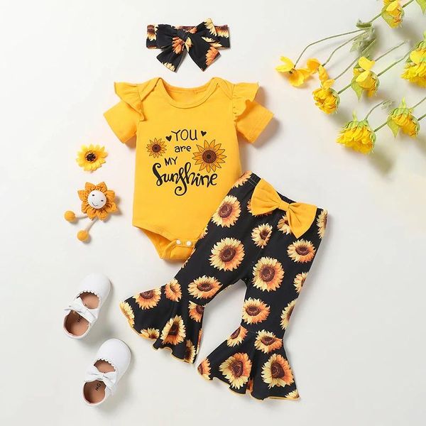 Set di abbigliamento bambino bambino outfit estate pantalone set manica corta arma rotampino girasole stampa pantaloni pantaloni da fondo pantaloni