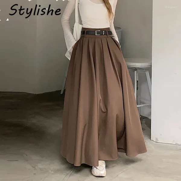 Röcke Frauen Maxi Plissee Rock Gürtel EINE Linie Lose Vintage Schwarz Lange Koreanische Elegante Dame Braun Herbst Winter Kleidung Chic