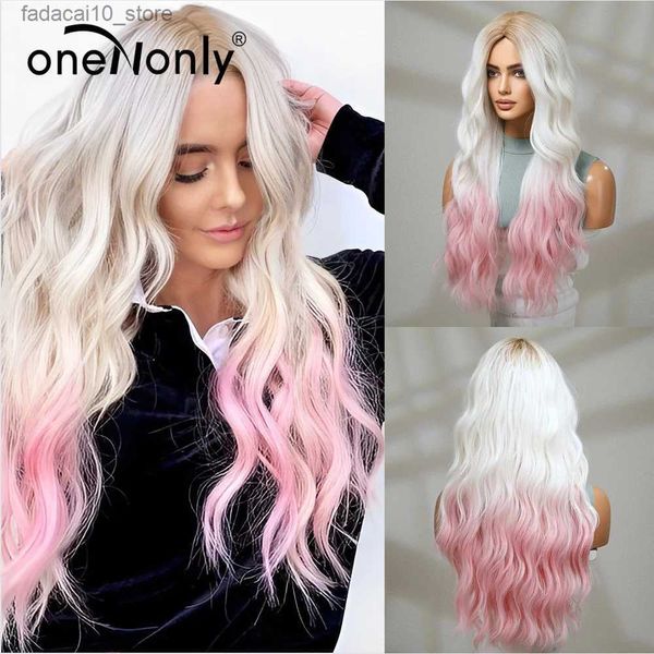 Perucas sintéticas onenononly rosa branco peruca longa loira arco-íris ondulado perucas halloween cosplay festa perucas para mulheres ferramentas de maquiagem peruca sintética cabelo q240115