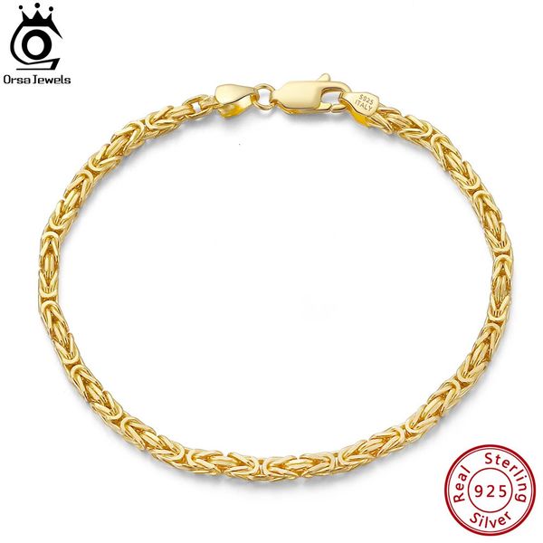 ORSA JEWELS Bracciale italiano fatto a mano con catena a maglie piatte bizantine da 2,5 mm, oro 18 carati su argento sterling 925, catena da donna per adolescenti SB122240115