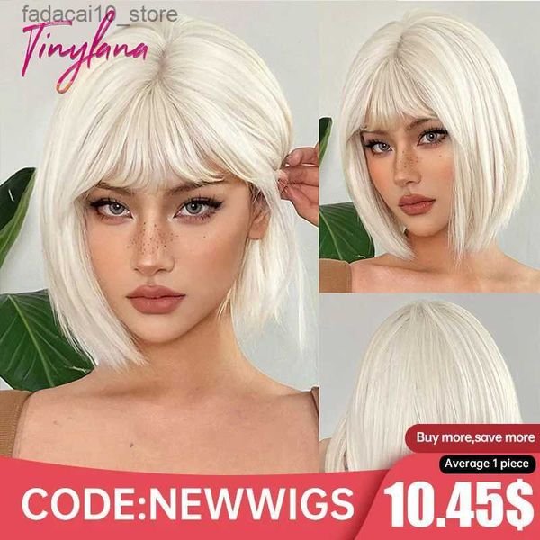 Perucas sintéticas Platinum Blonde Curto Bob Perucas de cabelo sintético com franja branca reta Lolita peruca em camadas para mulheres Cosplay diariamente resistente ao calor Q240115