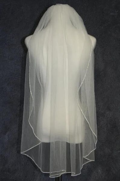 Veli Vendita calda 1T Velo da sposa bianco avorio Lunghezza punta delle dita Bordo del nastro Strass Velo da sposa con pettine 049