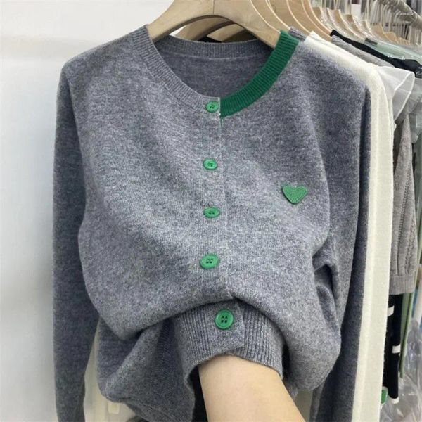 Blusas femininas inverno e outono em torno do pescoço contraste cor de malha cardigan coreano remendo amor manga comprida fundo solto camisola topo