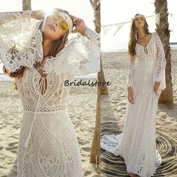 Kleider Sommer Strand Häkelspitze Hochzeitskleid 2022 Sexy V-Ausschnitt Langarm Boho Meerjungfrau Brautkleider Plus Size Retro Brautkleider Bohe