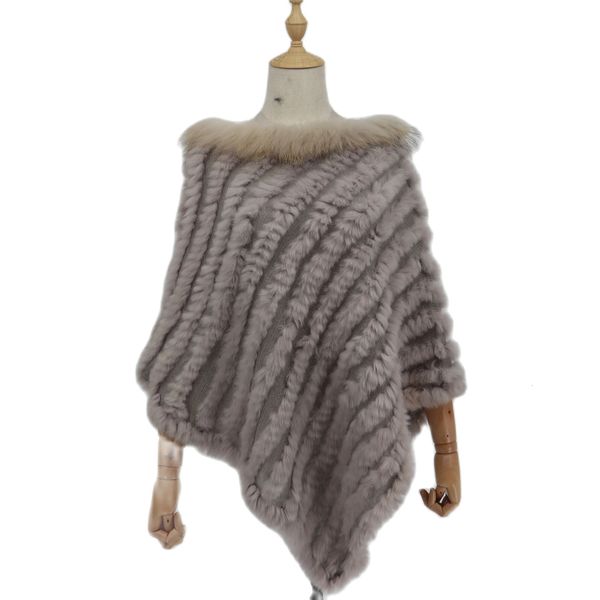 Véritable fourrure de lapin tricoté fourrure de lapin Poncho gilet mode Wrap manteau châle dame fourrure naturelle col de fourrure de raton laveur en gros Cape 240113