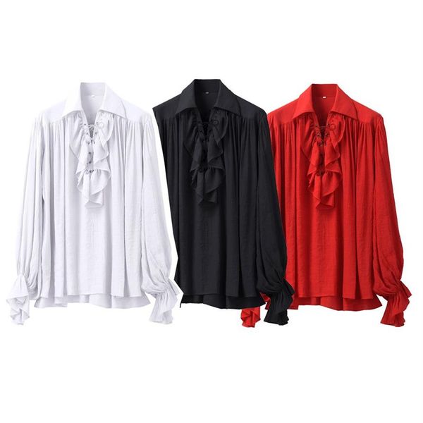 Camicia pirata rinascimentale medievale costumi cosplay unisex donna uomo vintage vampiro coloniale gotico increspato poeta camicetta bianca Blac2266