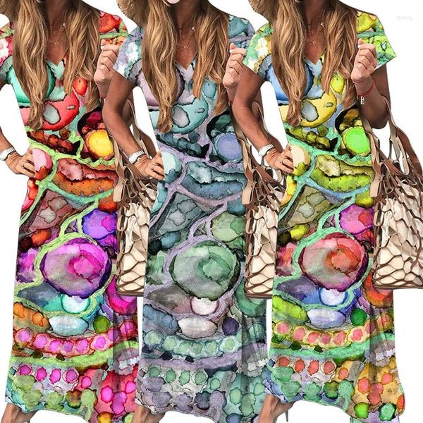 Casual Kleider Langes Kleid Frauen Frühling Sommer Kurze Ärmel Dame Print Dresse Weibliche Sex Blume Mode V-kragen Druck Casaul