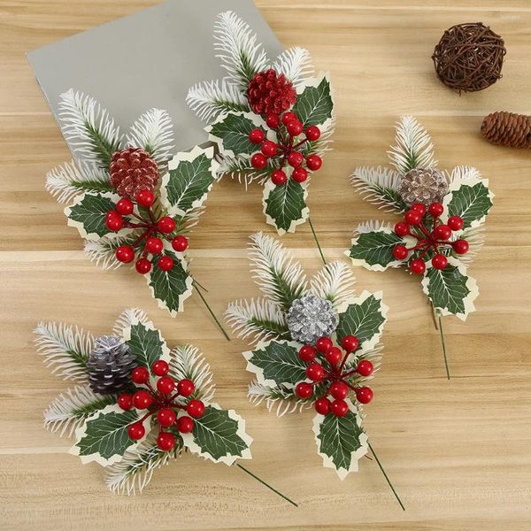 Dekoratif Çiçekler 1 PC Kırmızı Berry Saplar Çam Dalları Yapay Noel Seçiliyor Çiçek Konileri Diy Çelenk Süslemeleri Masa Süslemeleri