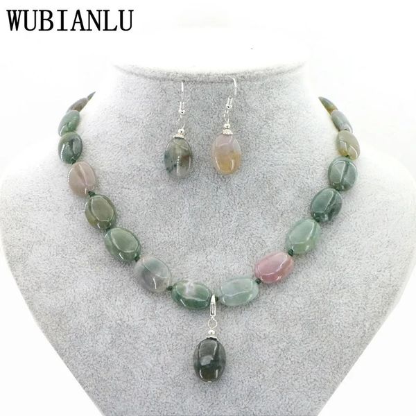 WUBIANLU Damen-Anhänger, Halskette, Ohrringe, Schmuckset, Naturstein, 13 x 18 mm, rote Rubine, Achate, Jade, Opal, ovale Perle T218 240115