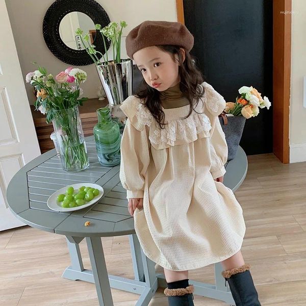 Платья для девочек, кружевное платье для девочек, осень 2024, детская мода, милая французская одежда принцессы для малышей с квадратным воротником, корейская одежда