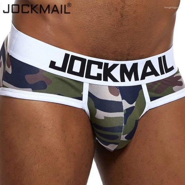 Cuecas jockmail clássico camuflagem sexy homens roupa interior impresso gelo seda briefs calcinha calzoncillos hombre deslizamento gay pênis