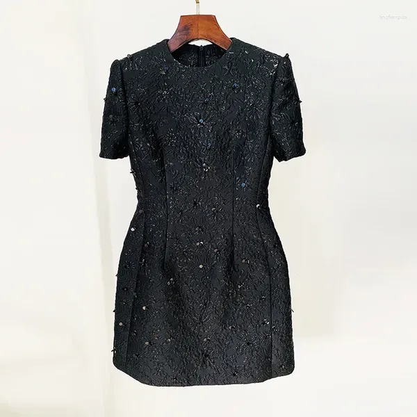 Vestidos de trabalho preto jacquard mini vestido 2024 moda elegante temperamento lantejoulas frisado manga curta jaqueta