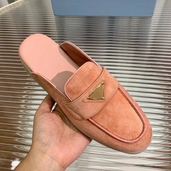 Pantofole classiche con logo a triangolo sabot mocassini da uomo in pelle scamosciata slip-on punta tonda ballerine con tacco Pelle verniciata Moda donna diapositive di lusso designer scarpe scarpe di fabbrica