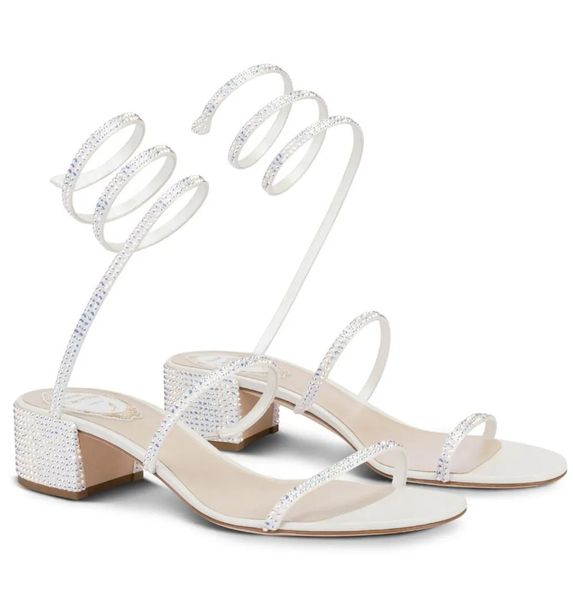 Berühmte Marke Cleo Damen Sandalen Schuhe Renescaovillas Kristallverzierte spiralförmige Wraps Gladiator-Sandalen mit niedrigem Absatz für Hochzeit, Party, Kleid, Abend