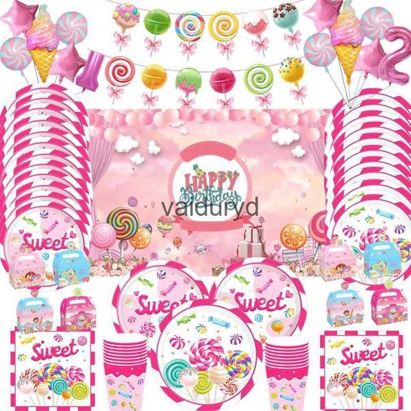 Vaisselle jetable Sweet Lolli Thème Vaisselle Ensembles Assiettes à bonbons jetables Tasses Nappe Filles Décorations de fête d'anniversaire Enfants Baby Showervaiduryd