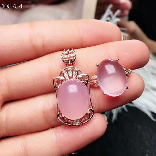 Collane Meibapj Set di gioielli pregiati in quarzo rosa naturale di alta qualità con collana e anello in puro argento per donna