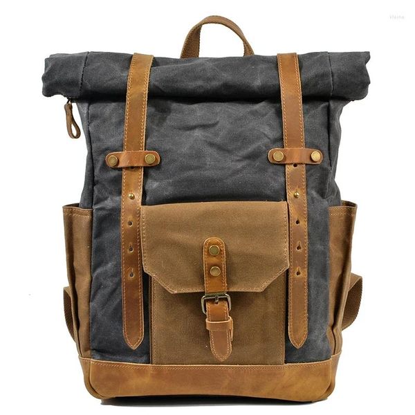 Zaino KOOGER Zaini vintage in tela per uomo Zaino da viaggio rolltop in pelle cerata a olio Zaini impermeabili Bagpack