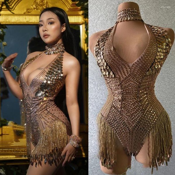 Palco desgaste completo ouro strass bodysuit sexy grandes pedras franjas roupas mulheres boate festa gogo dançarino traje festival outfit xs6004