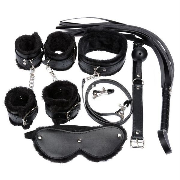 Set di costumi da donna 7 pezzi / set sexy in pelle PU peluche fetish bondage sessuale biancheria intima erotica con manette morsetti per capezzoli bavaglio Whip2220