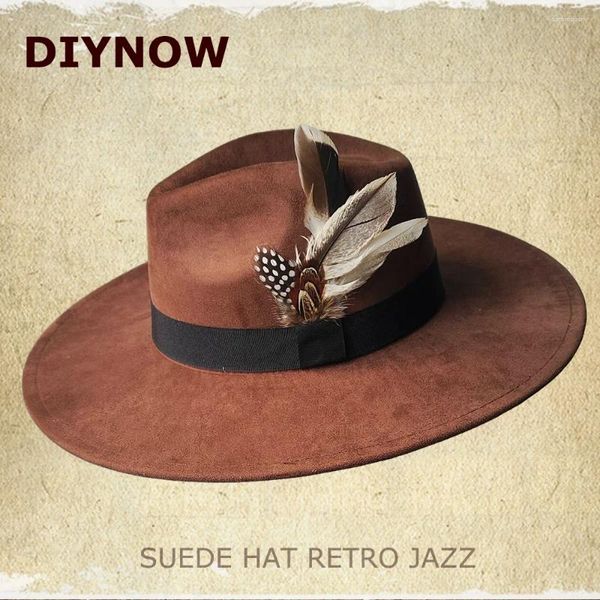 Berets Retro Herren Wildleder Hüte Breite Krempe Feder Filz Fedoras Damen Jazz Panama Cowboy Großhandel Sombrero Hombre