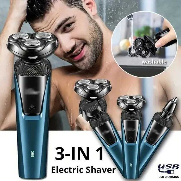 Barbeador elétrico 3 em 1, conjunto de barbeador de três cabeças masculino, barbeador elétrico lavável, barbeador recarregável USB, cortador flutuante, presentes de barbear para homens