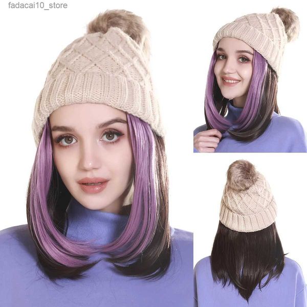 Perucas sintéticas mulheres chapéus gorro chapéu de malha com peruca de cabelo reto curto cocar de inverno multicolorido q240115