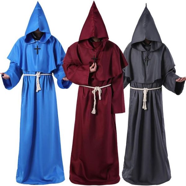 Abiti da monaco medievale Costume a tema Mago sacerdote veste di morte cosplay giochi di ruolo costumi di Halloween con linea di cintura e pendente a croce245v