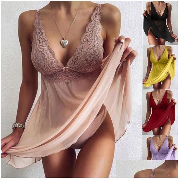 Mulheres sleepwear mulheres sleepwear y camisola através de renda camisola lingerie mulheres roupa interior festa nightie profundo v plus size exoti dhweu