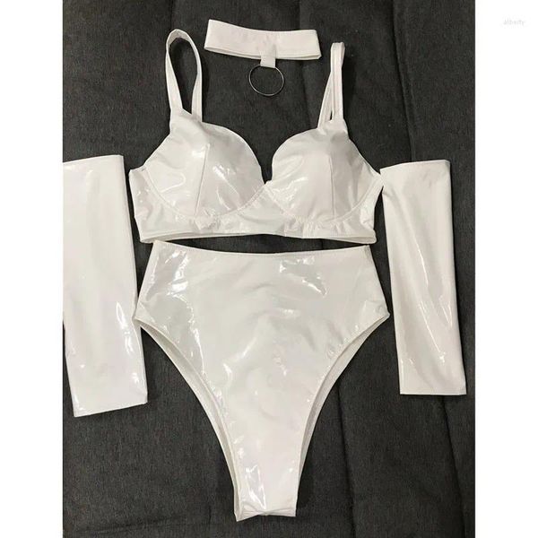 Abbigliamento da palco Costume da ballo in bikini in pelle PU bianca Bar Discoteca DJ Gogo Ballerino Performance Rave Reggiseno Pantaloncini alti Vestito