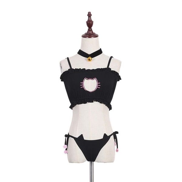 Set di lingerie Kawaii intero cosplay gatto ricamo reggiseno slip campana colletto girocollo intimo donna244e