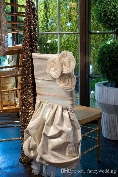 Coperture su misura in taffetà avorio con fiori 3D, fodere per sedie romantiche vintage, bellissime decorazioni per matrimoni alla moda