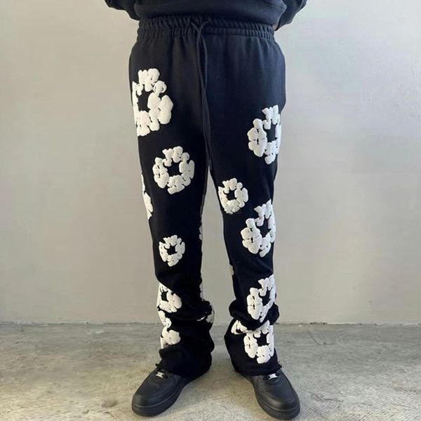 Pantalons pour hommes Streetwear impression mousse tridimensionnelle Flare hommes pantalons de survêtement Harajuku large Joggers Y2k femme noir évasé