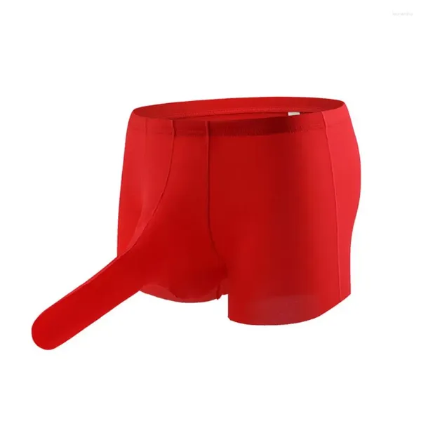 Cuecas masculinas cor sólida ver através de bainha de seda gelo roupa interior boxer shorts sexy manga pênis longo elefante nariz calças de canto plana