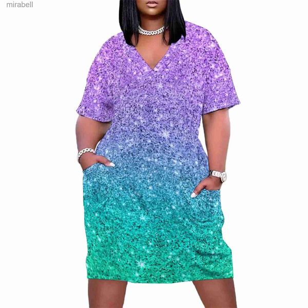 Grundlegende Freizeitkleider Textur Ombre Kleid V-Ausschnitt Lila und Grün Glitzerdruck Ästhetische Kleider Urlaub Elegantes Freizeitkleid Frau Plus Size Vestido YQ240115