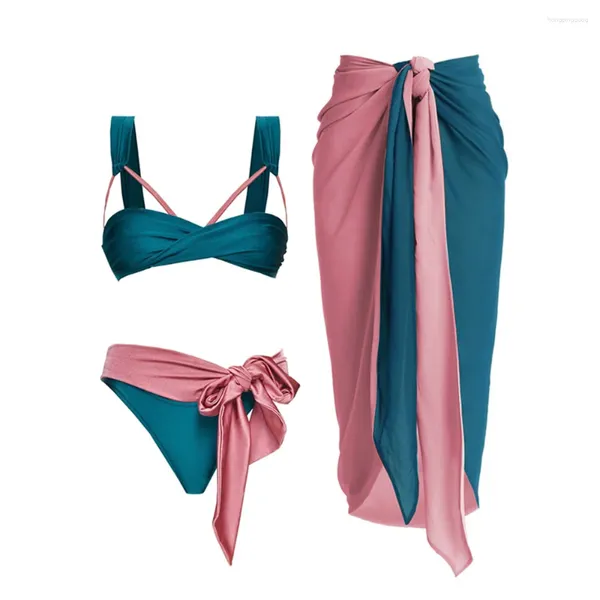 Roupa de banho feminina retro biquíni sexy azul rosa cor bloco maiô férias beachwear duas peças cobrir verão surf wear