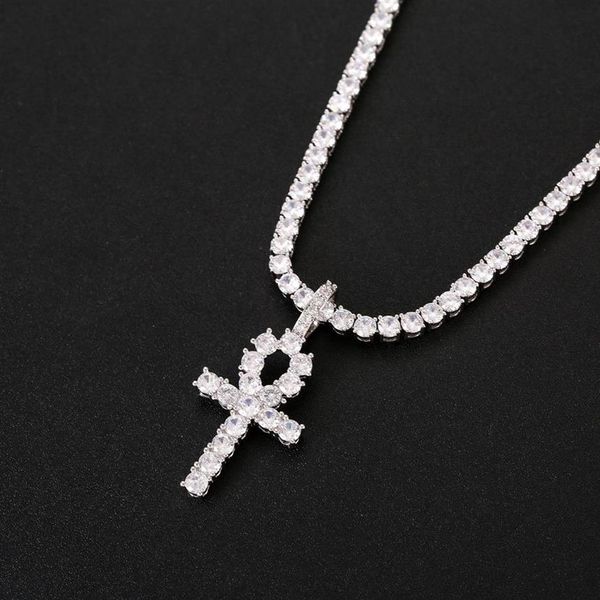 Iced Out CZ Key of Life Египетский крест кулон ожерелье 4 мм теннисная цепочка SGold Silver для мужчин ювелирные изделия в стиле хип-хоп301k