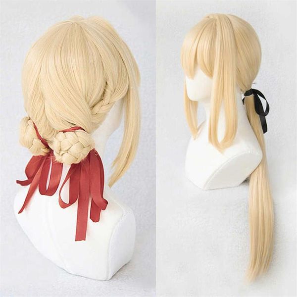 Violet Evergarden Ponytail Örgü Çörekler Sarı Saç Isıya Dayanıklı Cosplay Kostüm Peruk Peruk Kapağı Şeridi Y0903204W