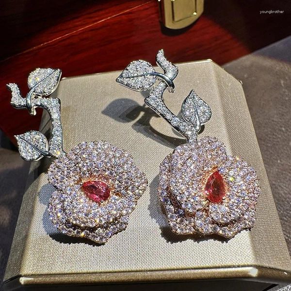 Baumelnde Ohrringe, Original-Designer-Rosen-Blumen-Ohrring, rosa 5A, kubischer Zirkon, silberne Nadel, Blütenblatt, luxuriöser Damen-Schmuck, Hochzeitskleid