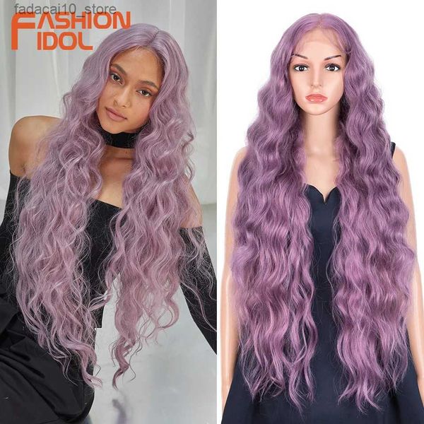 Perucas sintéticas moda ídolo 13x6 perucas dianteiras do laço para as mulheres 36 Polegada fibra resistente ao calor onda do corpo perucas de cabelo do bebê roxo perucas sintéticas cosplay q240115