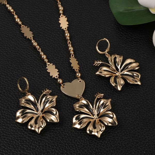 Cring Coco Hawaiian Polynesian Anhänger Perle Halskette Blume Ohrringe Schmuck Sets Gold Farbe Perlen Kette Anhänger Set Für Frauen 240115