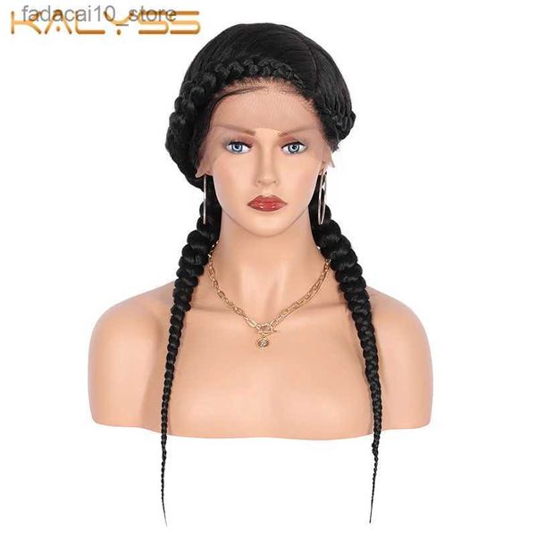 Perucas sintéticas Kalyss 24 '' totalmente trançada à mão Swiss Lace Front Dutch Twins perucas trançadas com cabelo de bebê para mulheres sem extremidade dividida peruca trançada preta Q240115