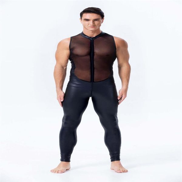 Novo design masculino macacão de couro falso sexy malha estiramento catsuit sem mangas ver através bodysuit masculino zíper virilha aberta clubwear2681