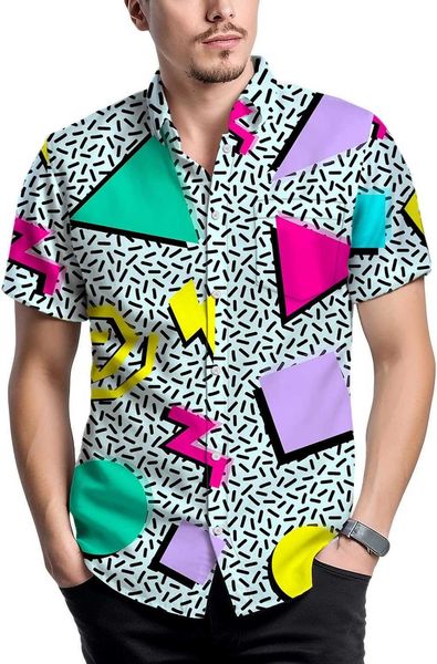 Retro 80er 90er Jahre geometrisches Herrenhemd, Retro-Casual-Button-up-Hemd, lustiges kurzärmeliges Sommer-Strandhemd