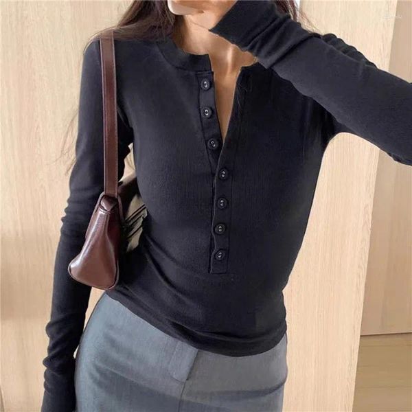 Damen-T-Shirts WEIRDO Frühlings-Chic-Frauen-Fest Slim Casual O-Ausschnitt Knöpfe T-Shirt Volle Ärmel Koreanische Damen Pullover T-Shirts T-Shirts Tops