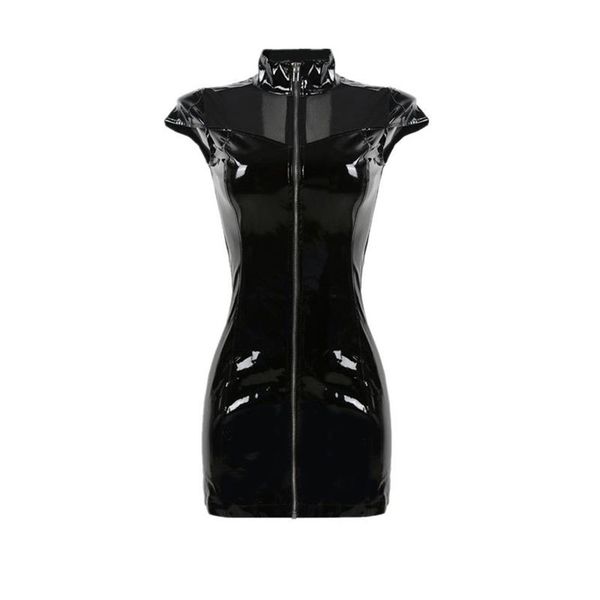 Sexy Nighty Hoher Kragen PVC Latex Kunstleder Fetisch Gothic Reißverschluss Frau Mini Lace Up Clubwear Schwarz Bleistiftkleid292O