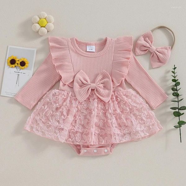 Macacão CitgeeAutumn Infantil Bebê Meninas Bodysuit Vestido Manga Longa Bowknot Lace Layered Tulle Saia Hem Headband Primavera Roupas