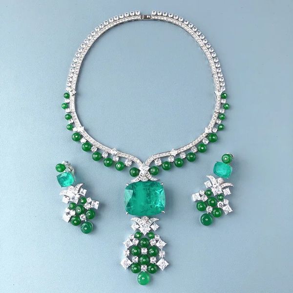 Moda luxuosa colar brincos feminino senhora incrustação zircão sintético paraiba grande pingente verde contas corrente conjuntos de jóias 240115