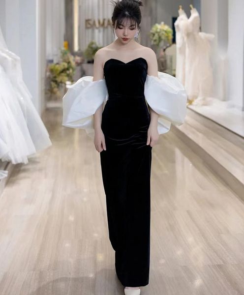 2024 elegante preto a linha noite pageant vestido querida manga curta inchado veludo feminino baile de formatura formal vestidos de festa sexy robe de soiree
