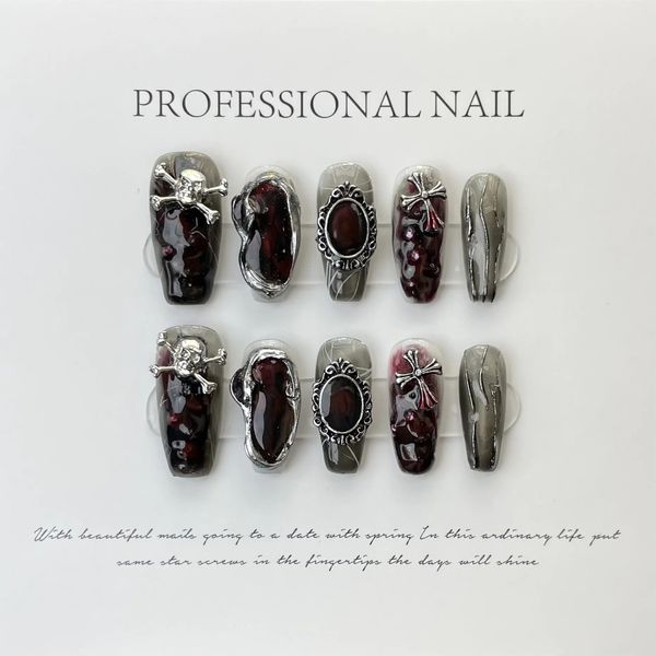 Накладные ногти ручной работы с дизайнерским прессом для гроба на черном маникюре, носимые с полным покрытием, искусственные накладные ногти, украшение 240113