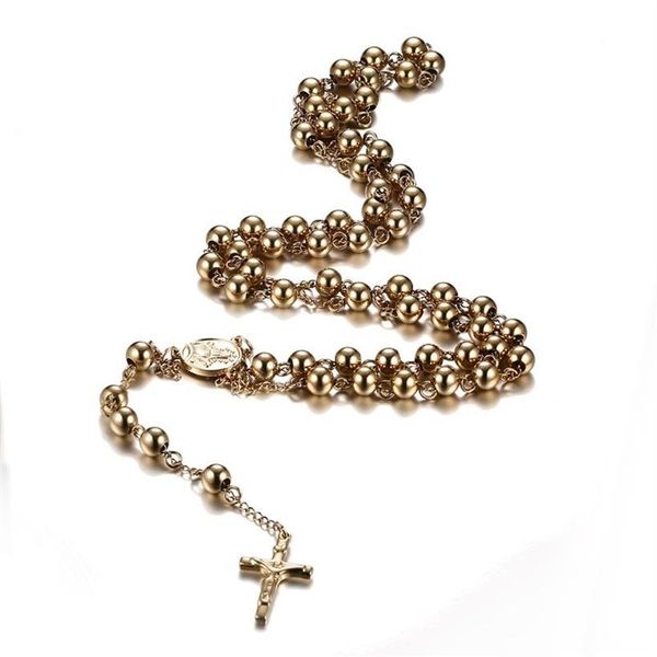 Collana con ciondolo rosario di moda Collana con ciondolo rosario con perline incrociate in acciaio inossidabile per gioielli da donna e da uomo208b